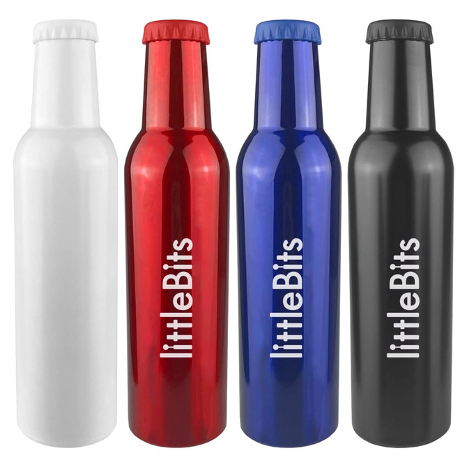 A drink bottle set featuring white, red, blue, and black bottles, each with a logo. Stylish and vibrant design.