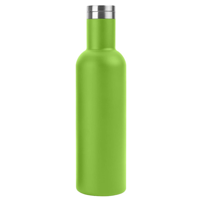 A drink bottle in vibrant green with a stainless steel cap and a smooth, matte finish.