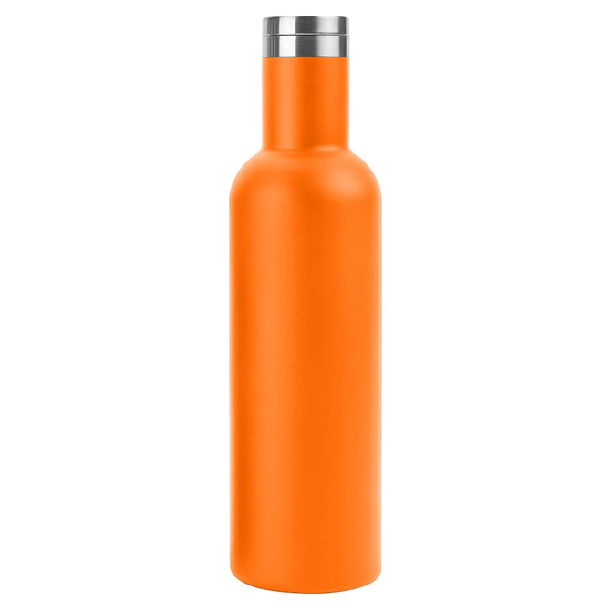 An orange drink bottle with a stainless steel cap and a sleek, matte finish. It features a logo.