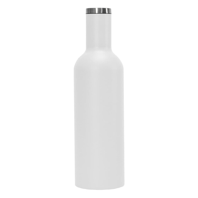 A drink bottle in a sleek, matte white finish with a stainless steel cap, featuring a logo.