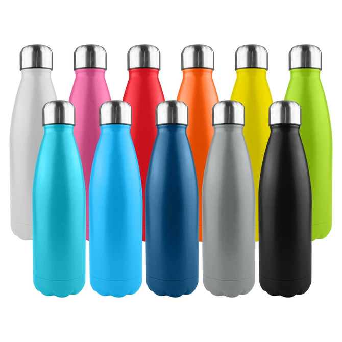 A drink bottle collection featuring various colours including pink, orange, green, blue, and silver, with stainless steel tops.
