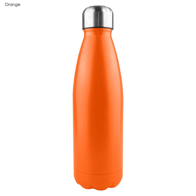 A drink bottle in a vibrant orange colour with a shiny stainless steel cap and a sleek single-wall design.