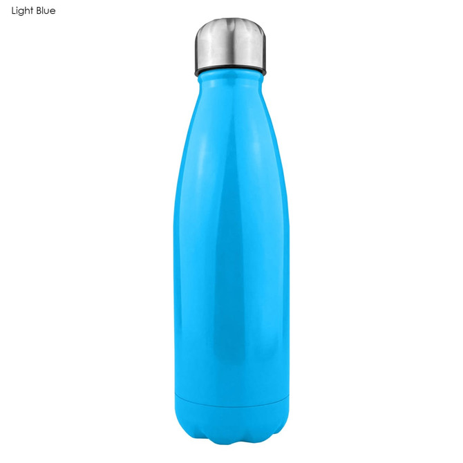 A drink bottle in light blue, made of shiny stainless steel with a silver lid and a logo on the side.