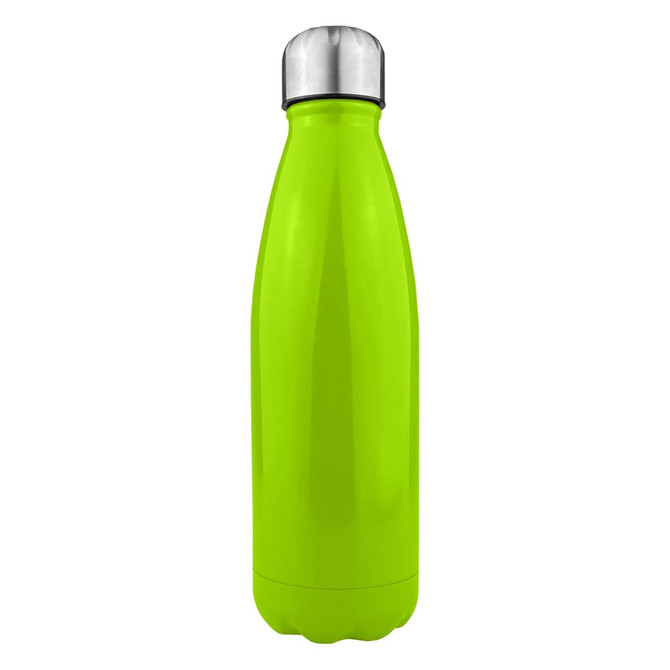 A drink bottle in bright green stainless steel with a shiny silver lid and a branding logo.