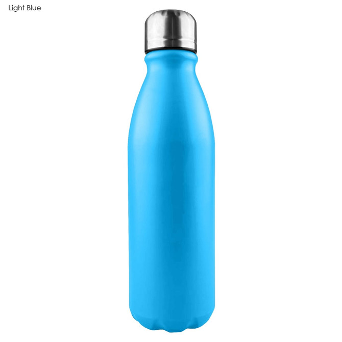 A drink bottle with a shiny light blue finish and a metal cap, featuring a logo.