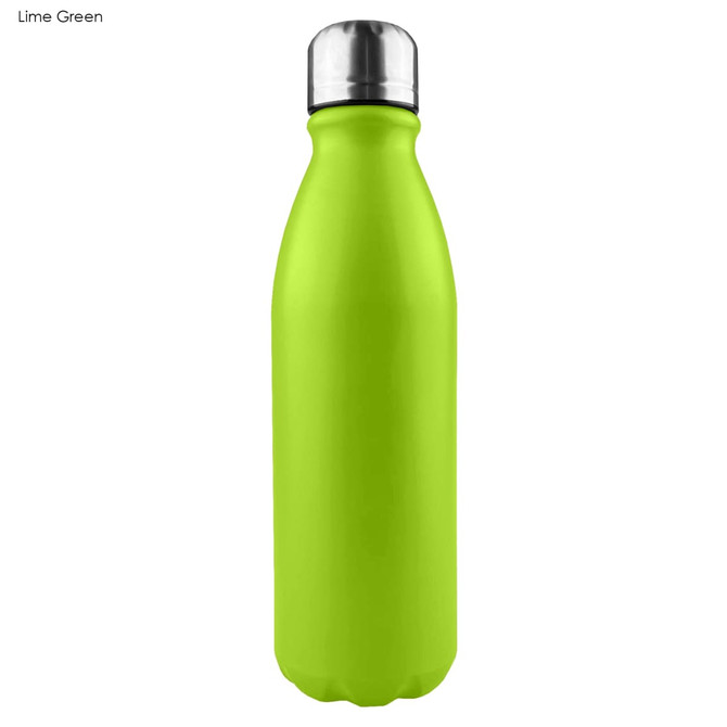 A drink bottle in bright lime green with a shiny metal lid and a smooth finish. Features a logo.
