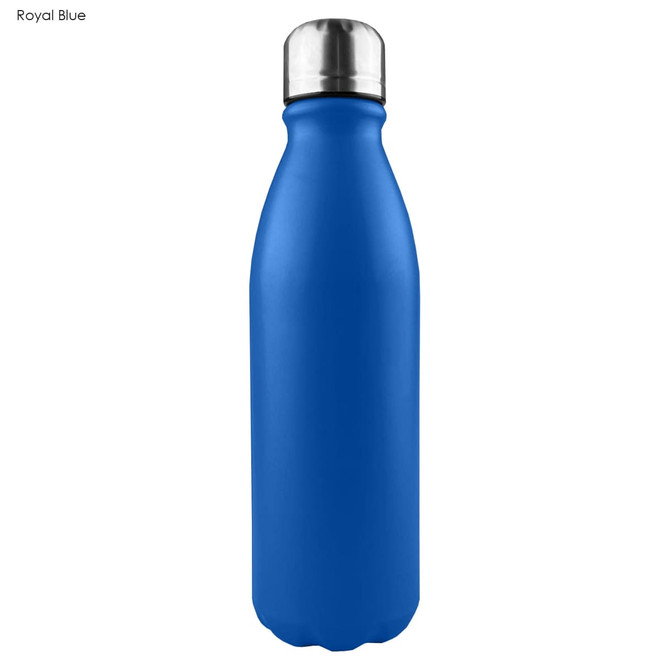 A drink bottle in royal blue with a shiny aluminium finish and a stainless steel lid. It features a logo.