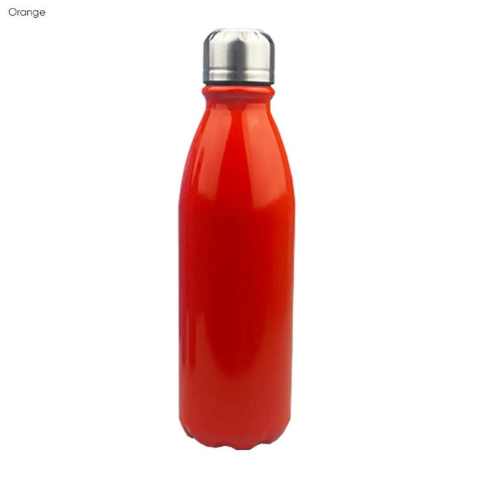A drink bottle in bright orange, made of shiny aluminium with a single wall design and a metallic lid.