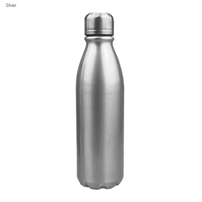 A drink bottle made from shiny aluminium, featuring a sleek silver design and a cap.
