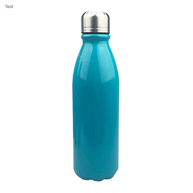 A teal drink bottle with a shiny stainless steel cap and a sleek single-wall design. It features a logo.