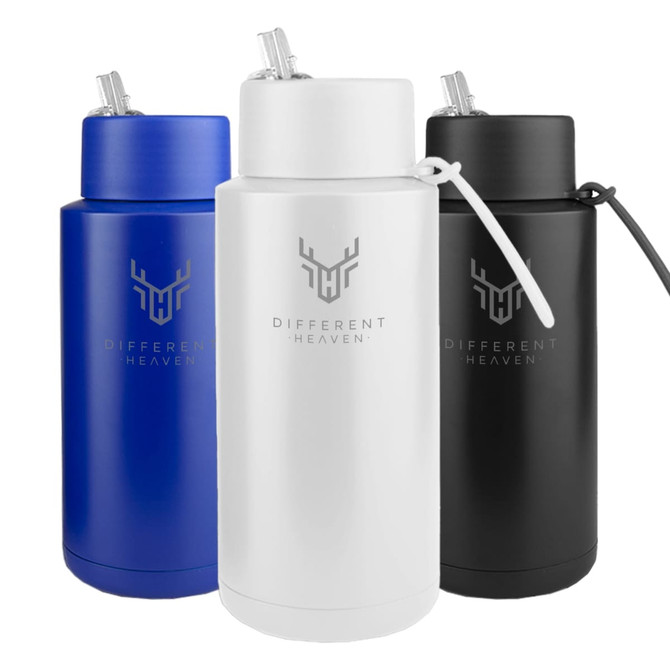 A drink bottle trio featuring blue, white, and black colours, each with a logo and a straw lid.