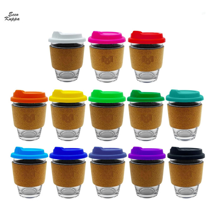 A set of reusable glass coffee cups with cork bases and various coloured silicone lids, arranged in a grid.