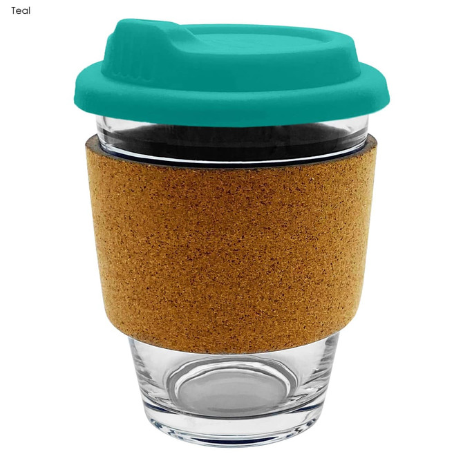 A glass coffee cup with a teal lid and cork sleeve, featuring a simple design and transparent body.