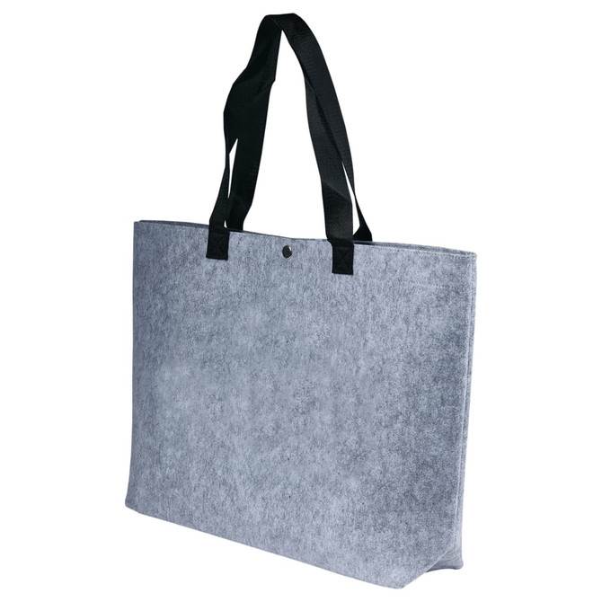 A grey felt tote bag with black handles and a simple design, featuring a logo.