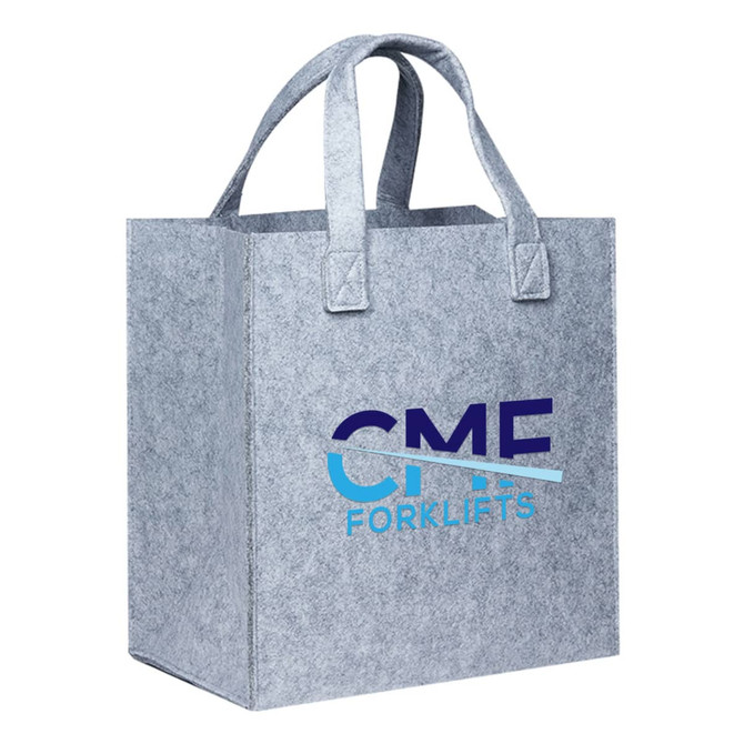 A grey felt tote bag with sturdy handles and a logo on one side.
