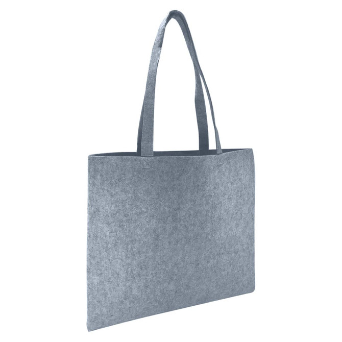 A grey felt tote bag with two sturdy handles and a minimalist design, featuring a logo on the front.