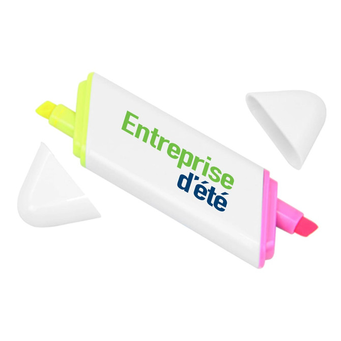 A highlighter with yellow, pink, and white sections, accompanied by two white caps. It features a branding logo.