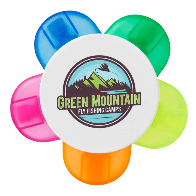 A flower-shaped highlighter with pink, orange, green, and blue petals, featuring a circular logo in the centre.