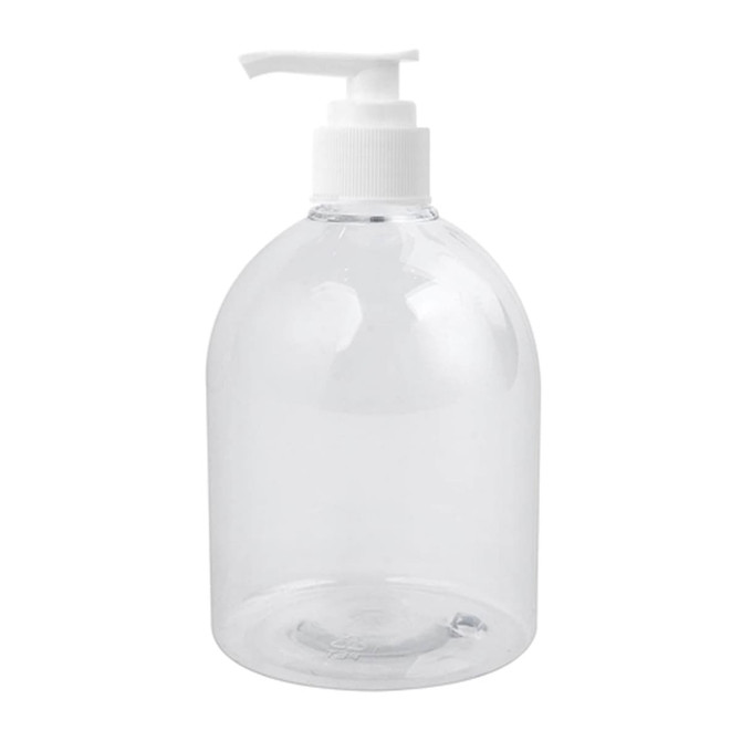 A clear plastic pump bottle containing 500ml of hand sanitiser gel with 75% alcohol.