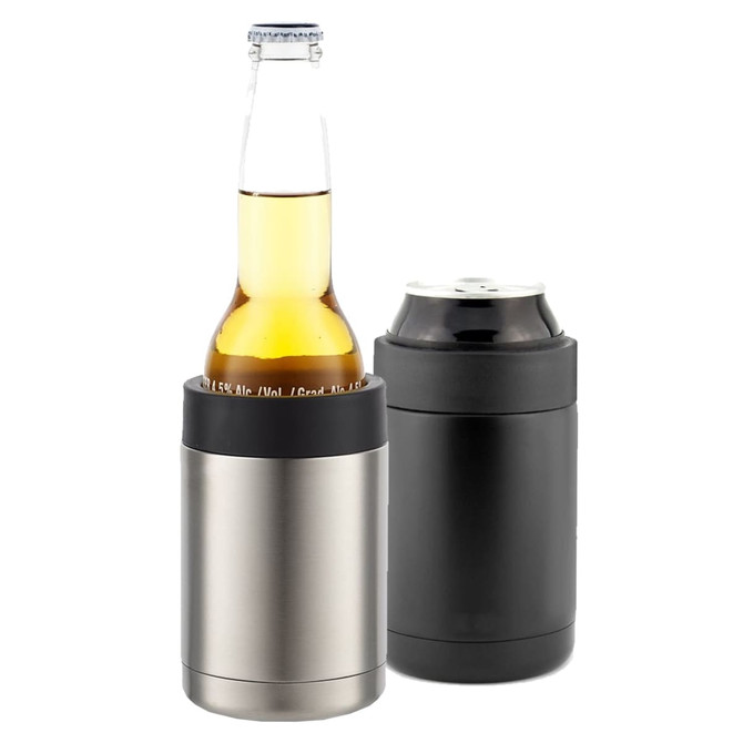 A stainless steel stubby holder in silver, alongside a black holder, both designed for beverages.