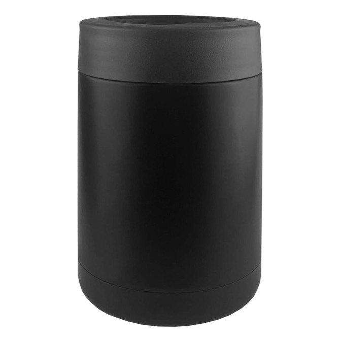 A stainless steel stubby holder in matte black with a sleek, cylindrical design and a top opening.