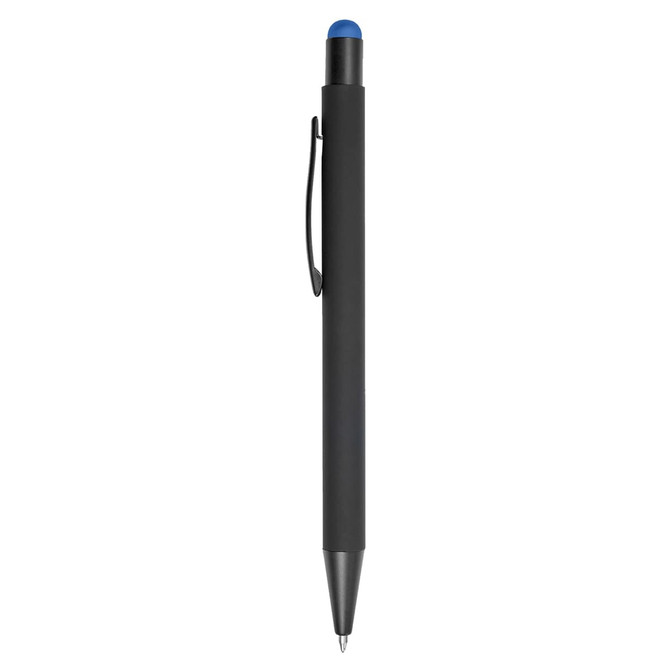 A black stylus pen with a blue tip and a clip for easy attachment. It features a sleek design and a branding logo.