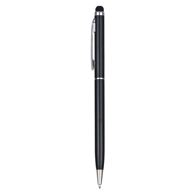 A black stylus pen with a silver clip and accents, featuring a smooth, sleek design and a branding logo.