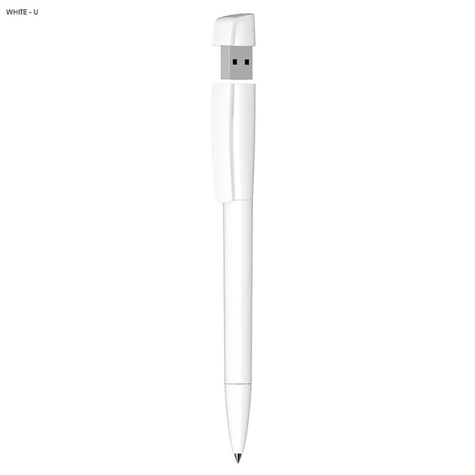 A white USB pen with a solid plastic design, featuring a removable cap and a USB connector.