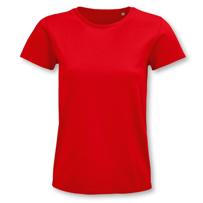 A red organic women's t-shirt with a round neckline and short sleeves. It features a logo or branding.