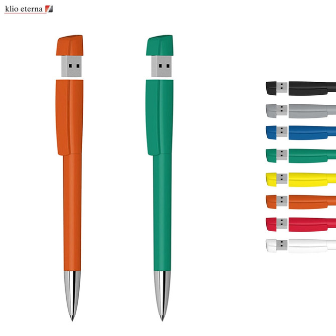 A USB pen with a metal tip in orange and green, featuring multiple colour options in the background.