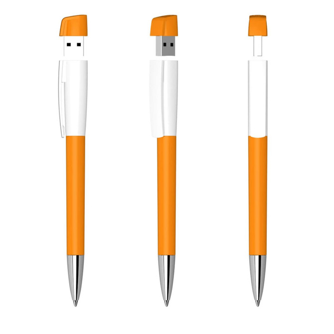 A USB pen featuring a metal tip and an orange barrel, shown from three angles. It has a logo on the body.