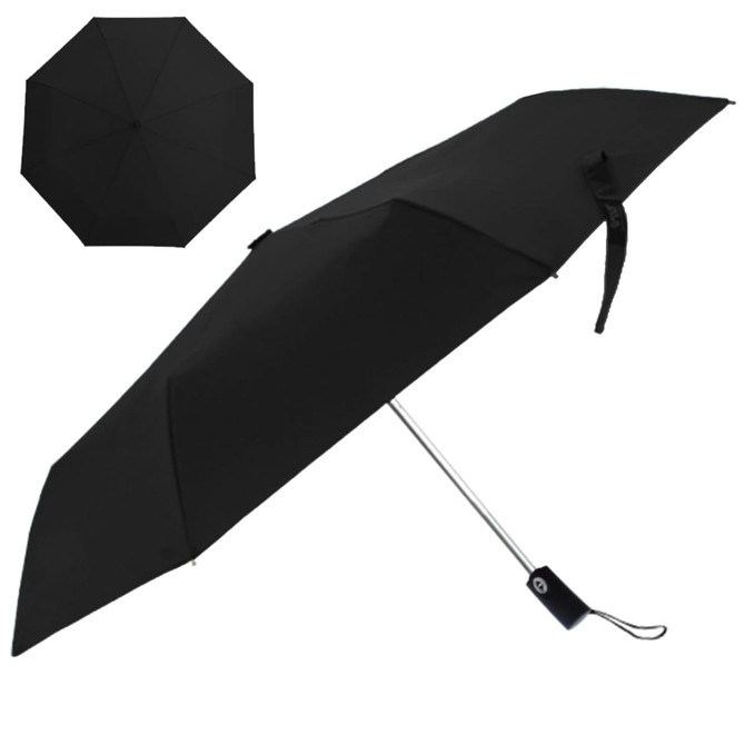 A black Kingston umbrella with a silver handle and a logo. The umbrella features a classic design and a sturdy structure.