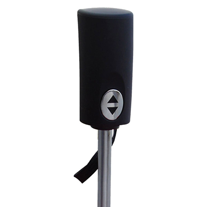 A black umbrella handle with a button mechanism and a silver accent, featuring a strap for easy carrying.