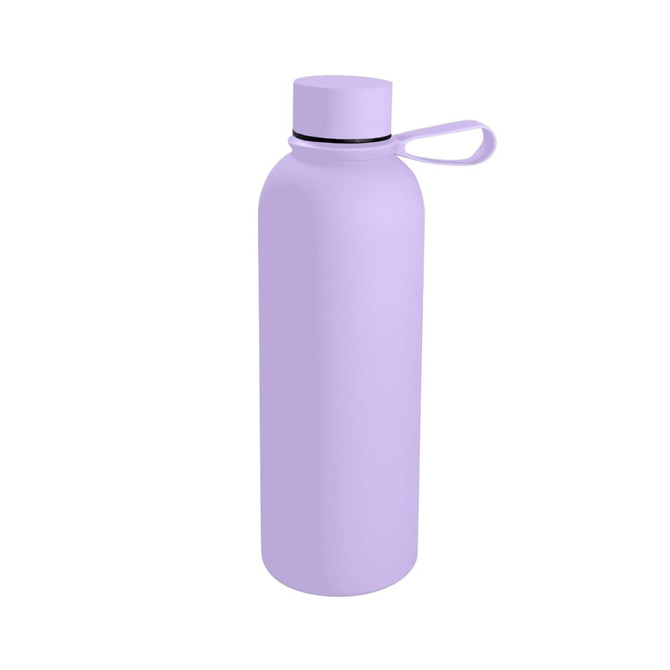 A drink bottle in lavender with a screw-top lid and a carrying loop, featuring a small logo.
