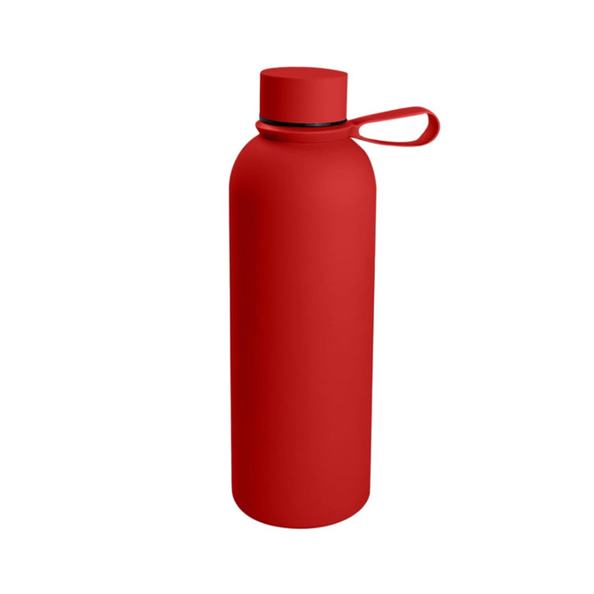 A drink bottle in bright red with a removable cap and carrying loop, featuring a logo.