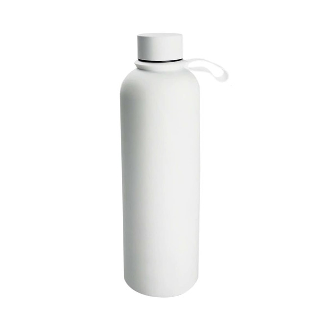 A drink bottle featuring a sleek, cylindrical design in white, with a black lid and strap, and a logo.