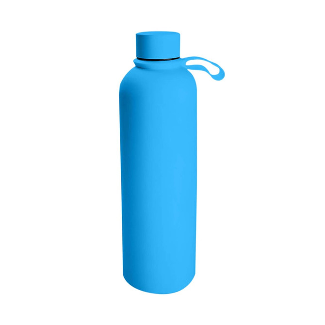 A drink bottle in bright blue, featuring a secure lid and a handle, designed for easy carrying.