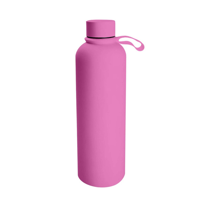A drink bottle in a vibrant pink colour, featuring a lid and a carrying strap. It has a logo on the surface.