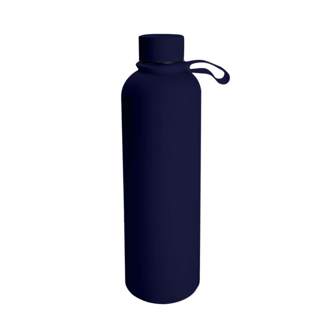 A drink bottle in a navy blue design with a secure lid and a carrying loop. It features a logo.