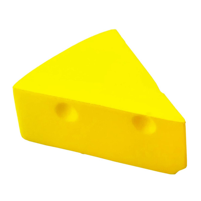 A yellow triangular stress shape resembling a wedge of cheese, featuring two holes. It has a smooth surface and a simple design.