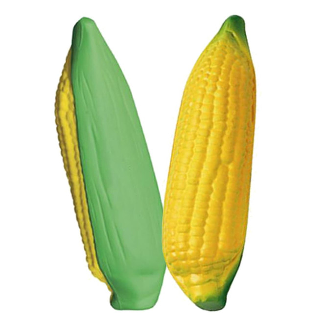 A stress toy in the shape of corn, featuring green and yellow colours, with a smooth texture and a logo.