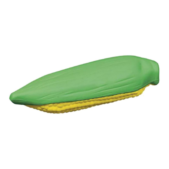 A green and yellow stress corn toy, resembling a corn cob, with a smooth, squishy surface.