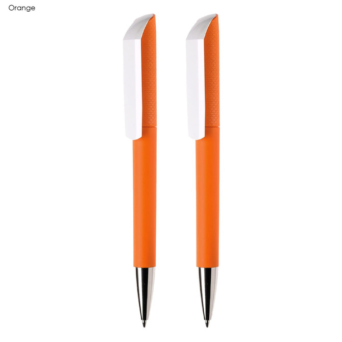 An orange pen set featuring two sleek plastic pens with metallic tips and white accents, including a logo.