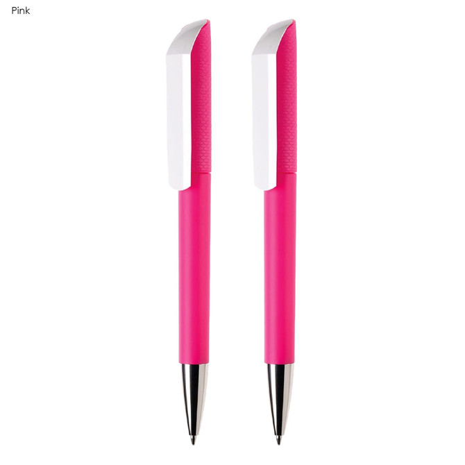 A pink pen gift set featuring two pens with white accents and a silver clip. The set is packaged together.