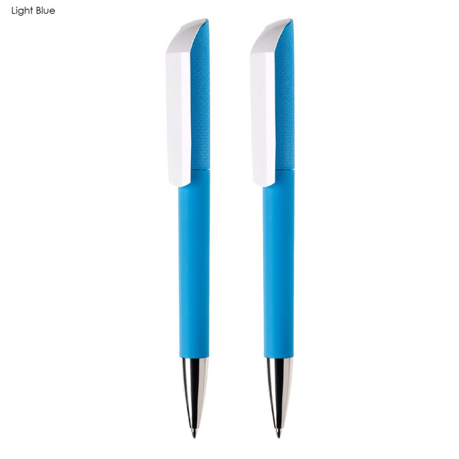 A set of two light blue plastic pens with white accents and a logo on the barrel.