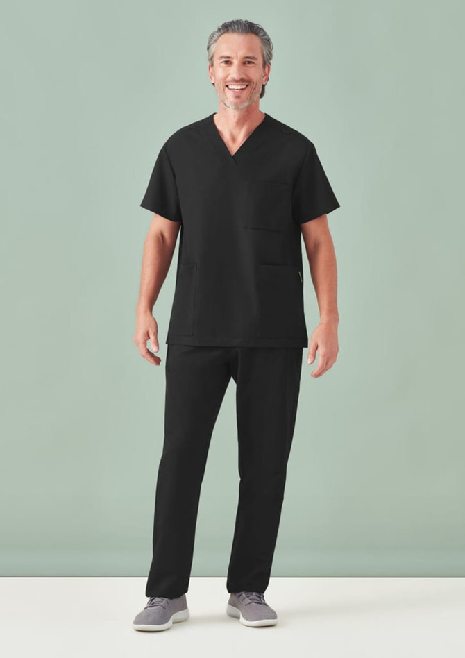 A unisex black V-neck scrub top with short sleeves, paired with matching black pants, displayed against a light background.