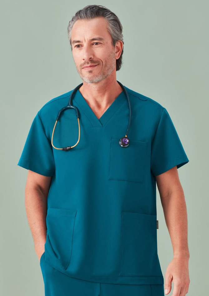A unisex pulse v-neck scrub top in teal, featuring short sleeves and a pocket. Includes a stethoscope.