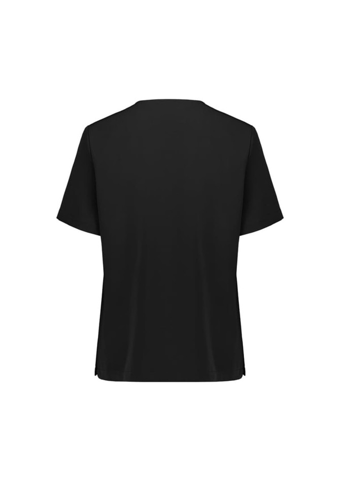 A black V-neck scrub top with short sleeves and a simple design, featuring a logo on the back.