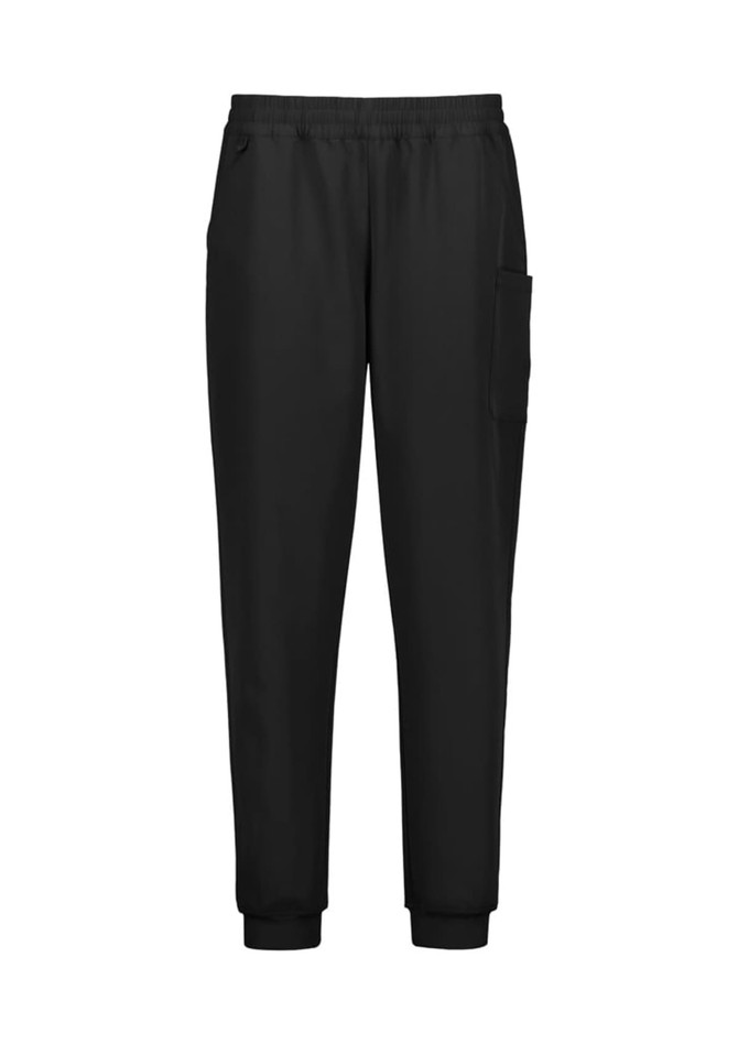 A pair of black jogger scrub pants with pockets and a fitted cuff at the ankles.