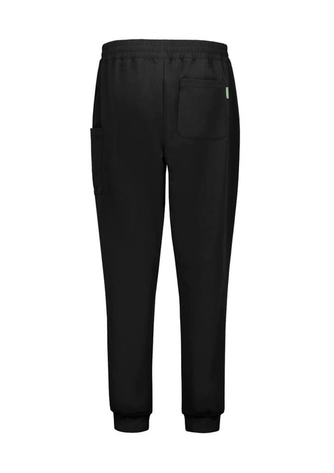 Black jogger scrub pants featuring pockets and a tapered fit. The back view highlights the elastic waistband.